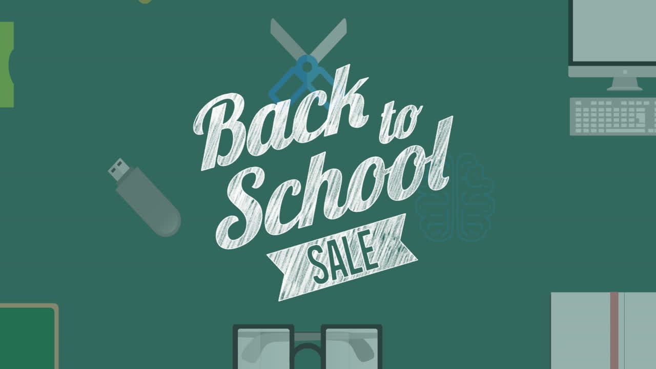 초록색 배경에 있는 학교 물건 아이콘 위에 있는 학교 판매 텍스트의 애니메이션