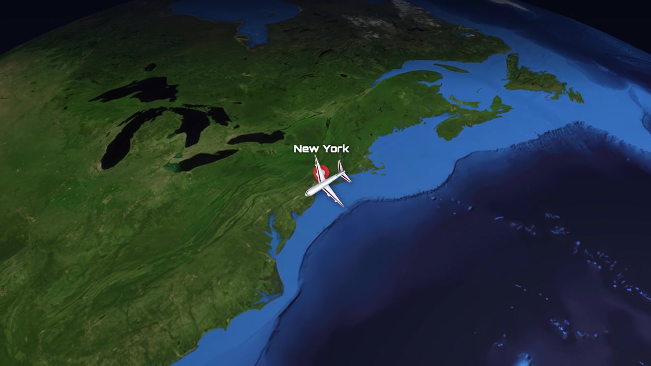 A digital airplane flies across the Atlantic Ocean from Munich to New York on Earth
