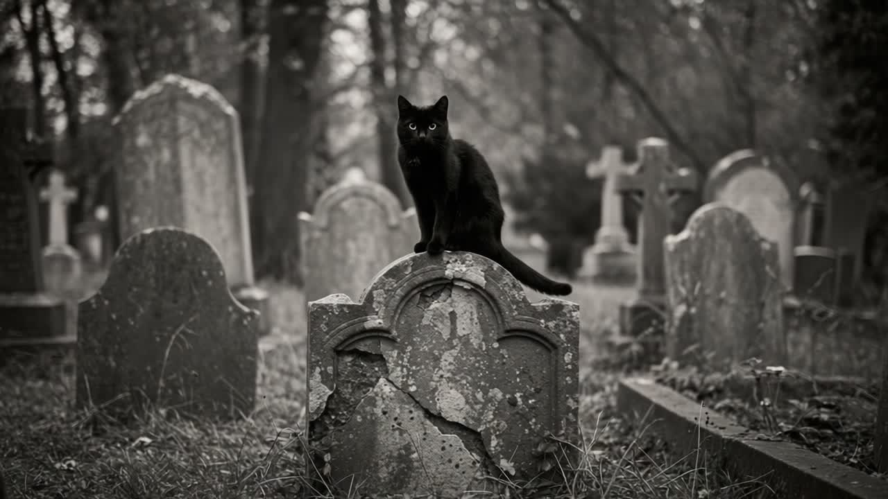 A Mysterious Black Cat Perched on an Old Gravestone in a Dimly Lit Cemetery, Surrounded by Weathered Tombstones and Lush Overgrowth, Evoking an Enigmatic Atmosphere