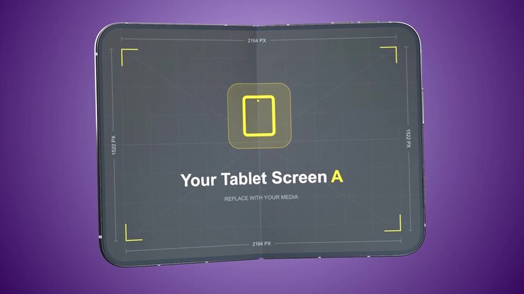 3D Animation of a Foldable Tablet Unfolding Against a Purple Background