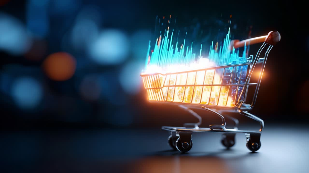 A futuristic shopping cart showcasing digital data visualization, merging the concepts of retail and technology in a vibrant, visually striking representation of modern commerce