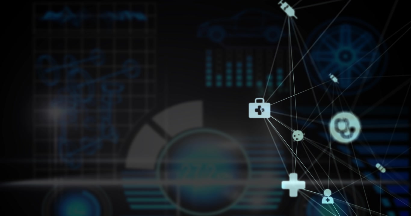 Globe of medical icons over digital interface with data processing against black background