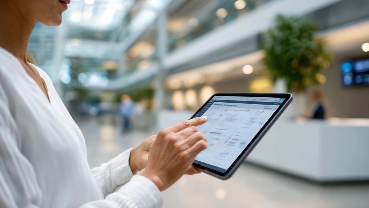 A person interacting with a tablet displaying data analytics in a modern office environment, showcasing digital technology and business performance insights.