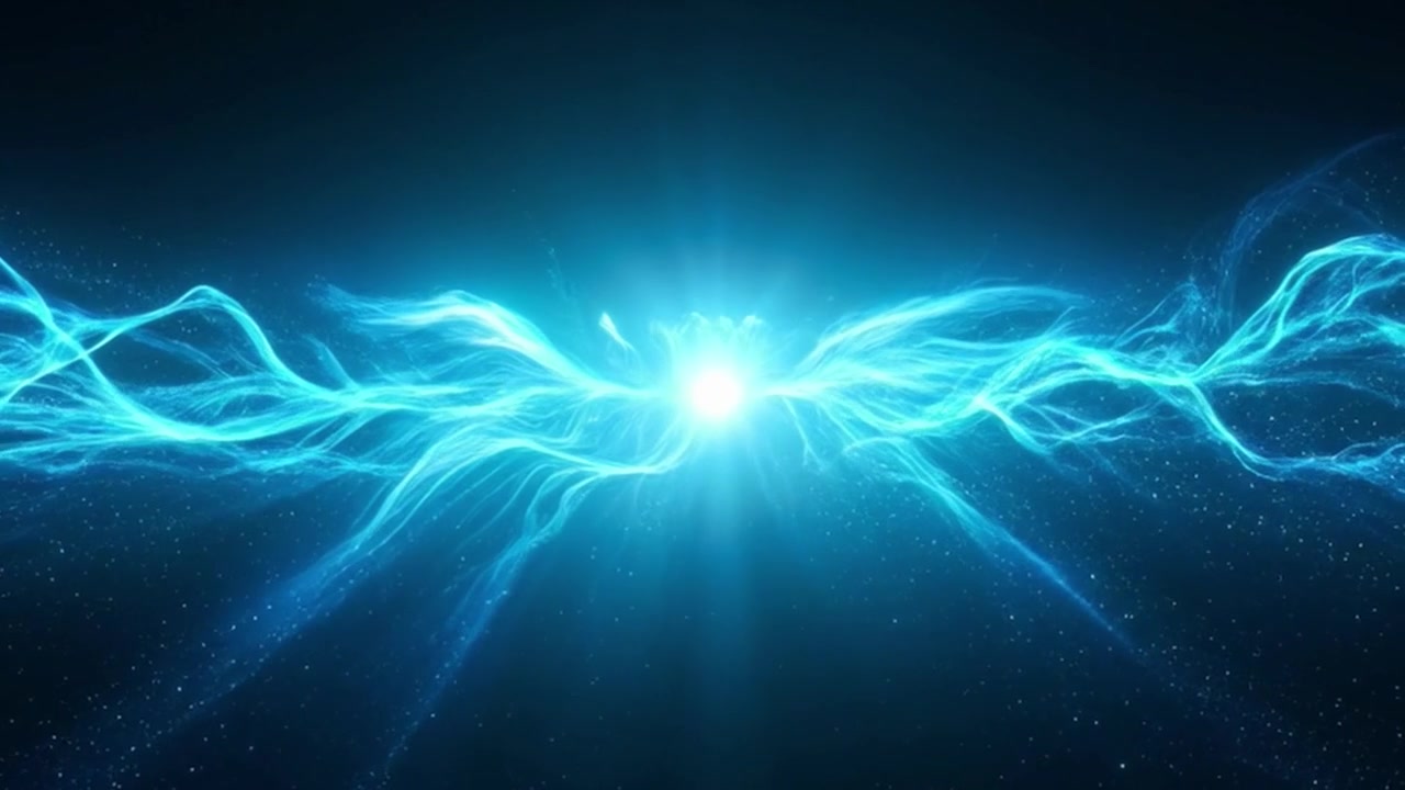 Onde energetiche e particelle blu luminose astratte su sfondo scuro