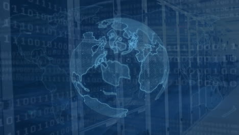 animation of spinning globe and binary coding data processing against computer server room