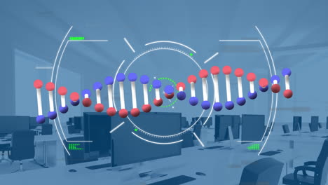 animation of dna strand spinning and scope scanning over empty office