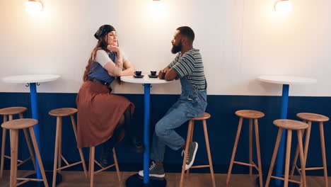 couple, coffee shop and date in night
