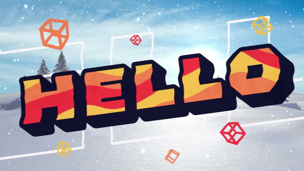 눈이 내리는 배경 위로 'Hello' 텍스트 애니메이션