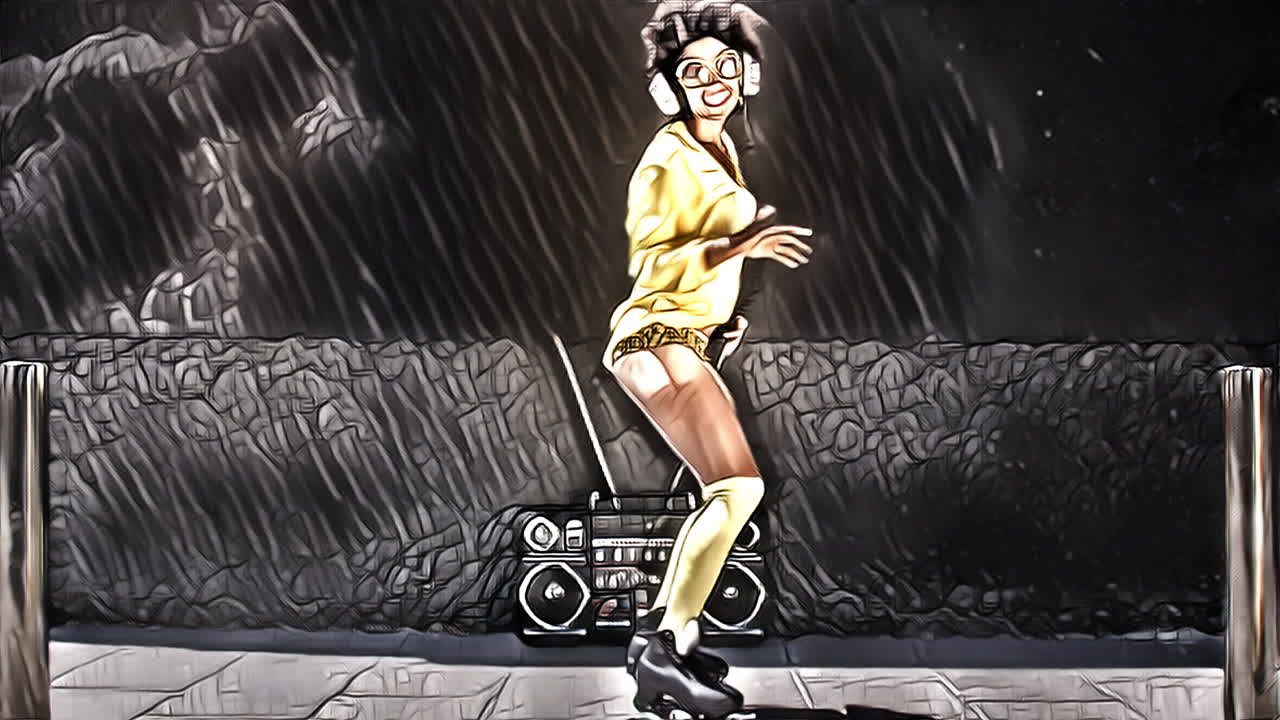 mujer de patinaje sobre ruedas baila y patina afuera en un entorno urbano