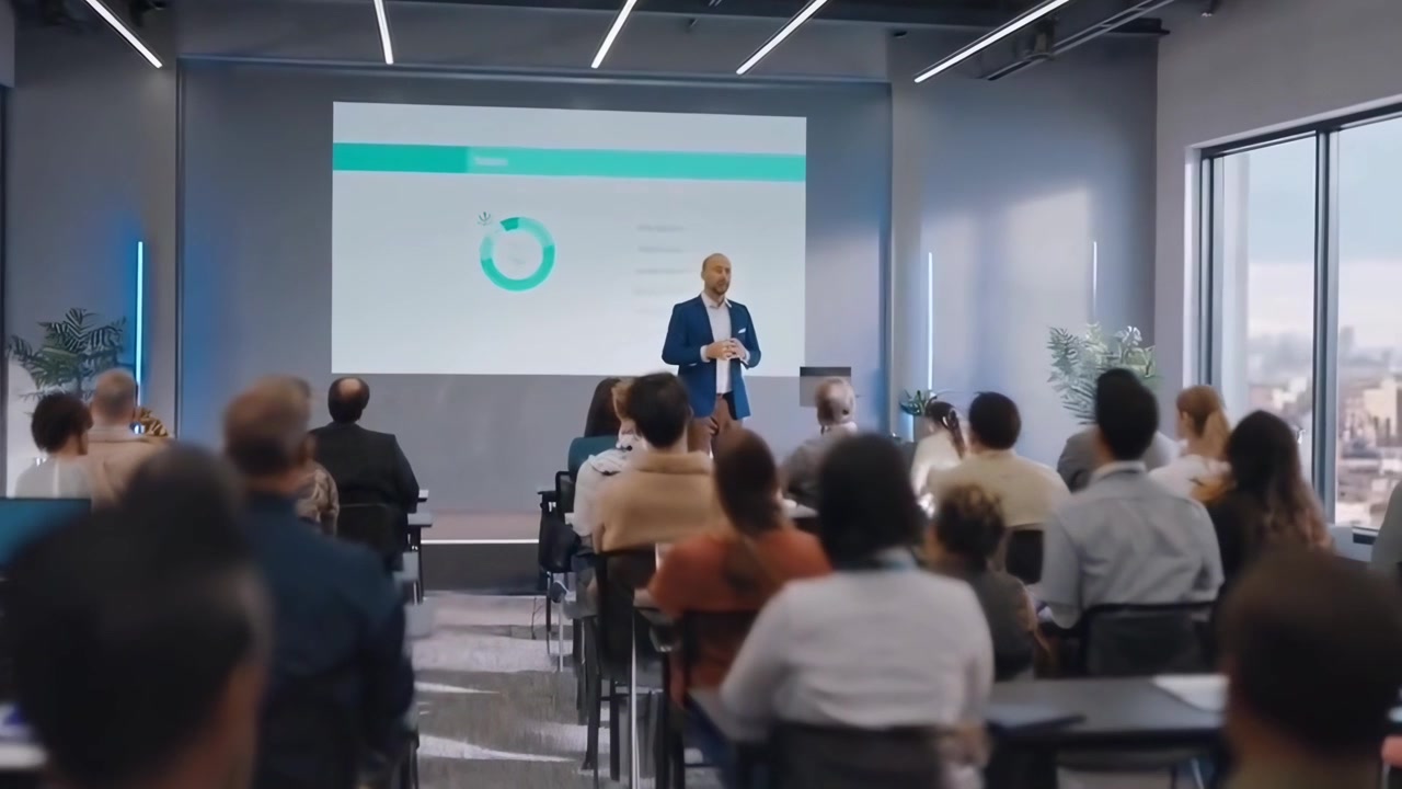 Professionista d'affari che tiene una presentazione a un vasto gruppo in un ufficio moderno