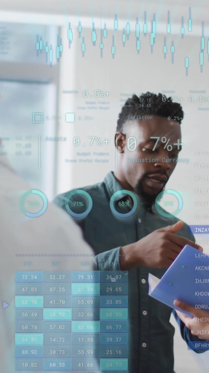 Animation of data processing over diverse business people in office