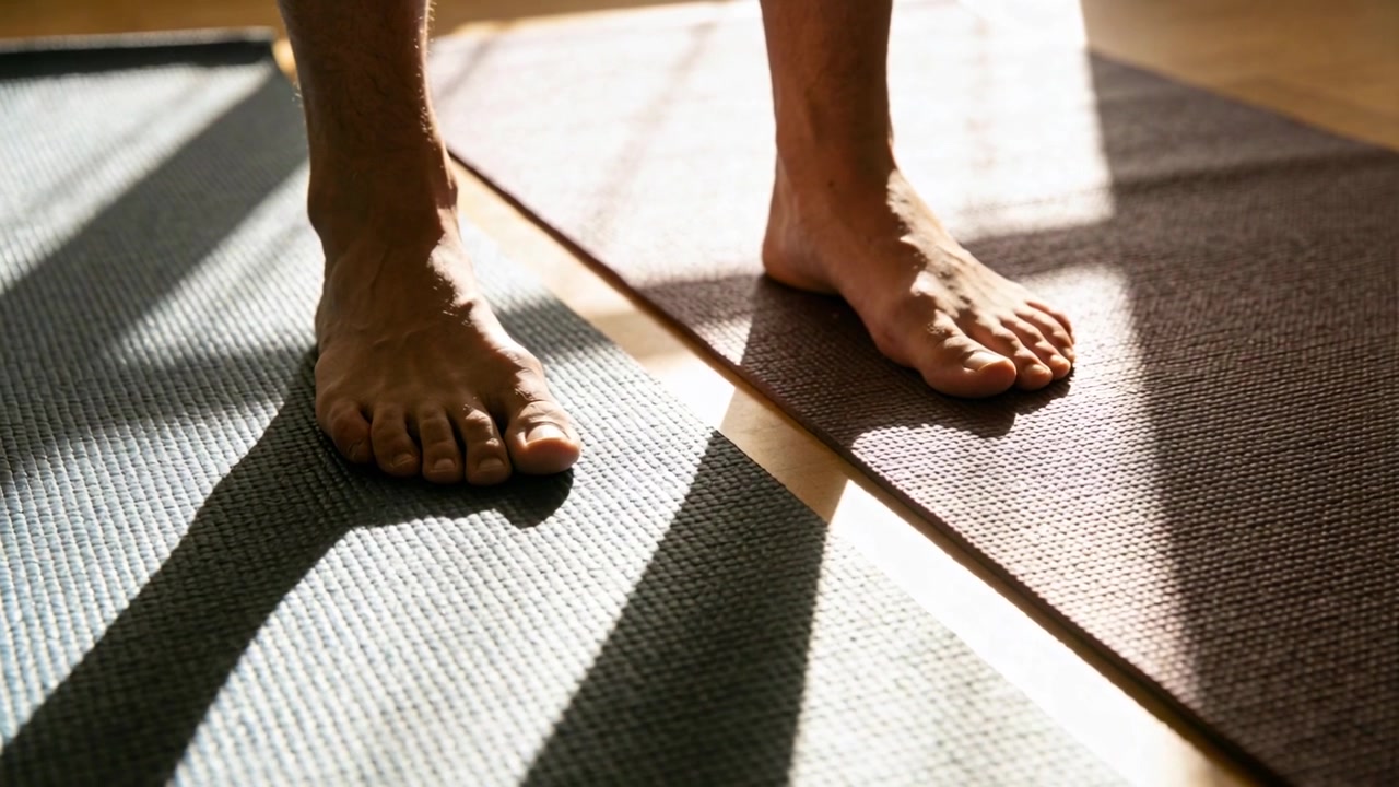 Balancing bare feet shifting weight on two mats at home, sunlight falling, preparing for exercise