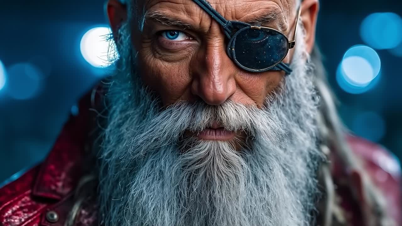 A man with a long white beard wearing a pirate eye patch