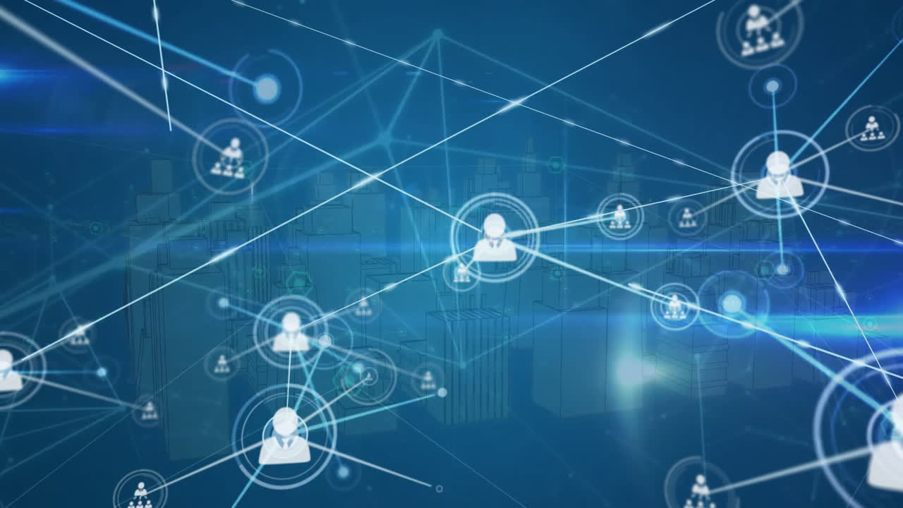Animation of network of connections with people icons over blue background