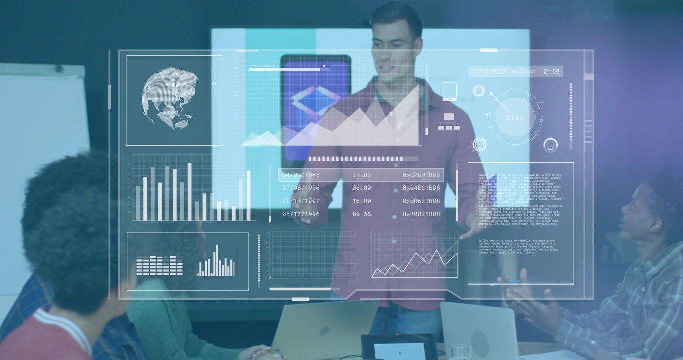 Lead speaking, gesturing in business, AR charts linking gestures while team tapping tablet for data