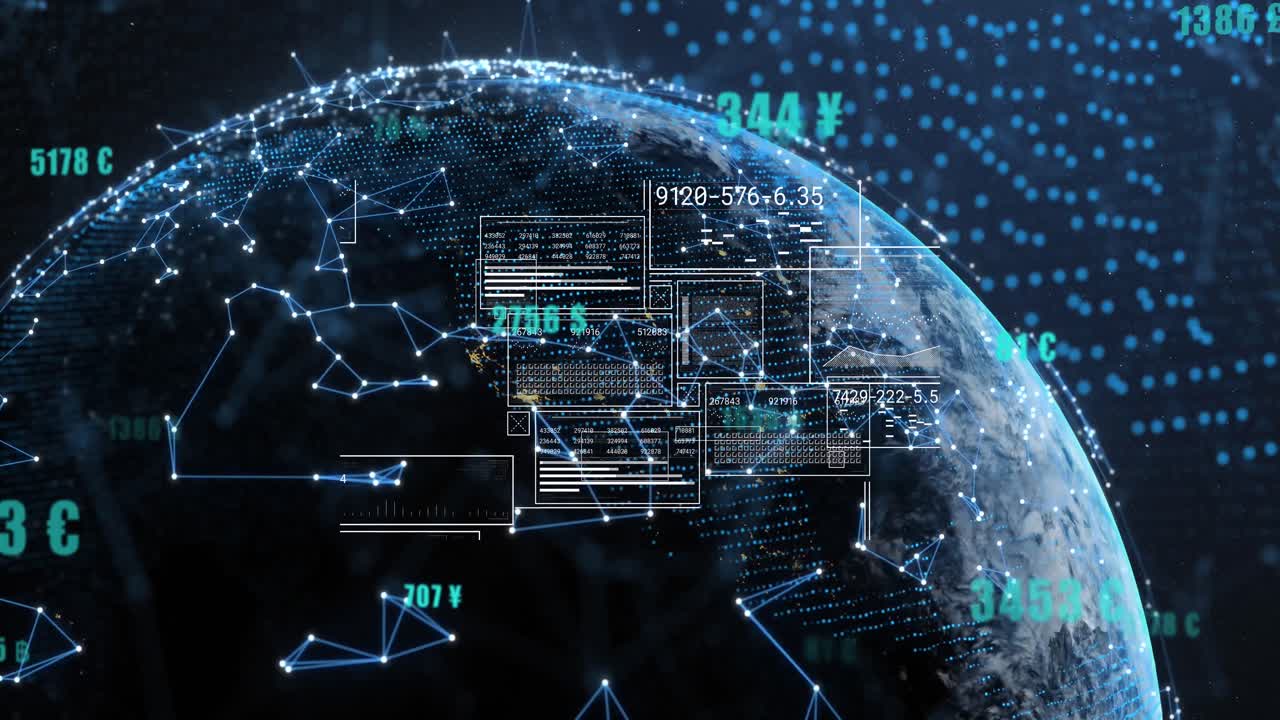 Animation of interface with data processing and network of connections against a globe