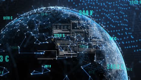 animation of interface with data processing and network of connections against a globe