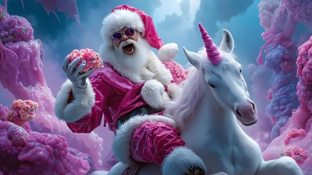 A santa claus riding a white unicorn in a snowy landscape