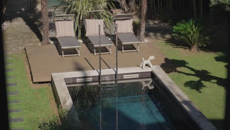 from the house window, we can see a pool in the garden with sunbeds
