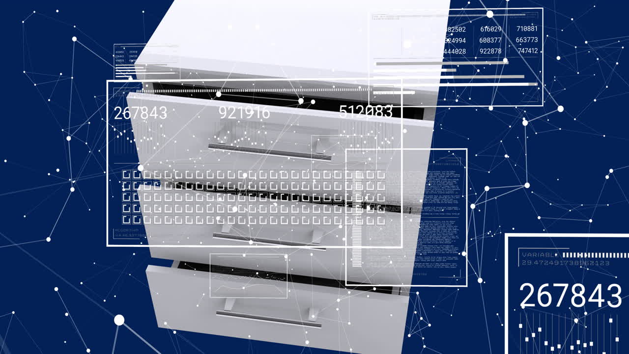 디지털 데이터 프로세싱 애니메이션은 숫자와 이진 코드가있는 파일 캐비 위에 있습니다.