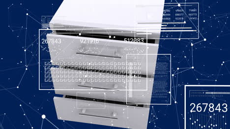 digital data processing animation over filing cabinets with numbers and binary code