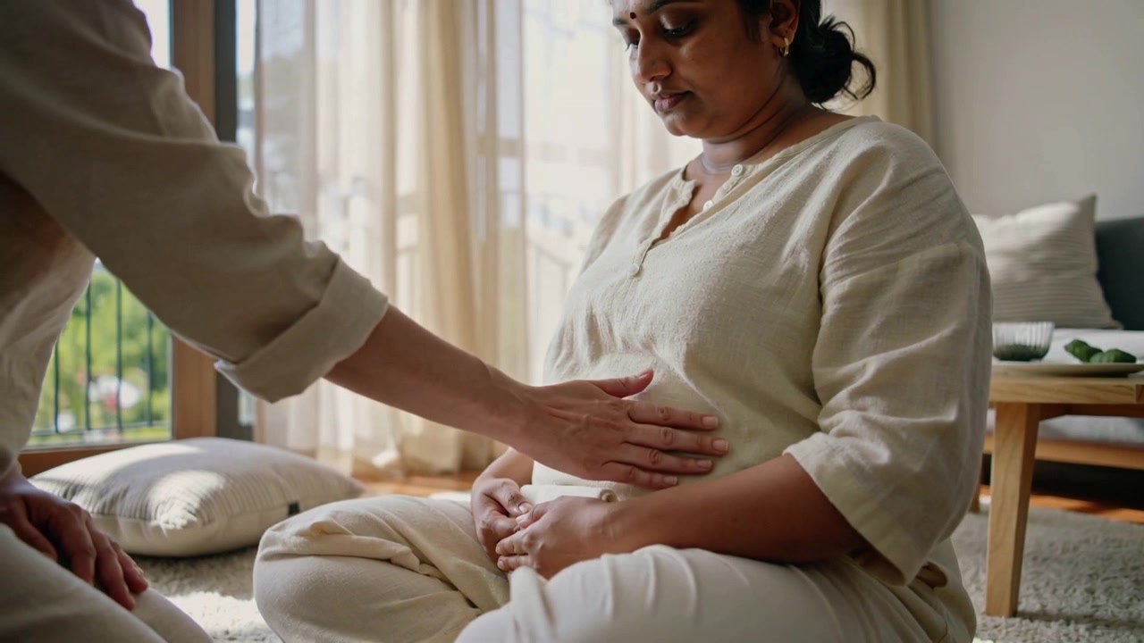 Partner som nærmer seg, legger hånden på gravid mor hjemme i beige topp, stryker magen og kjenner babyen