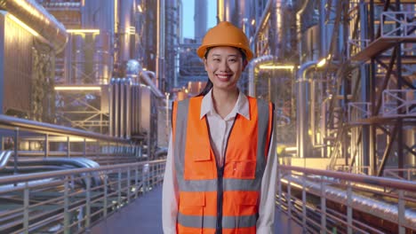 asian female engineer with safety helmet smiling to camera while standing at a vast oil refinery