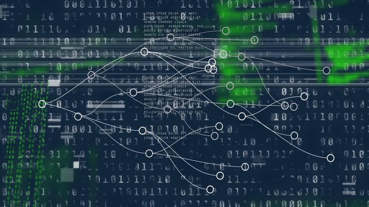 Animation of interference over network of connections and data processing on black background