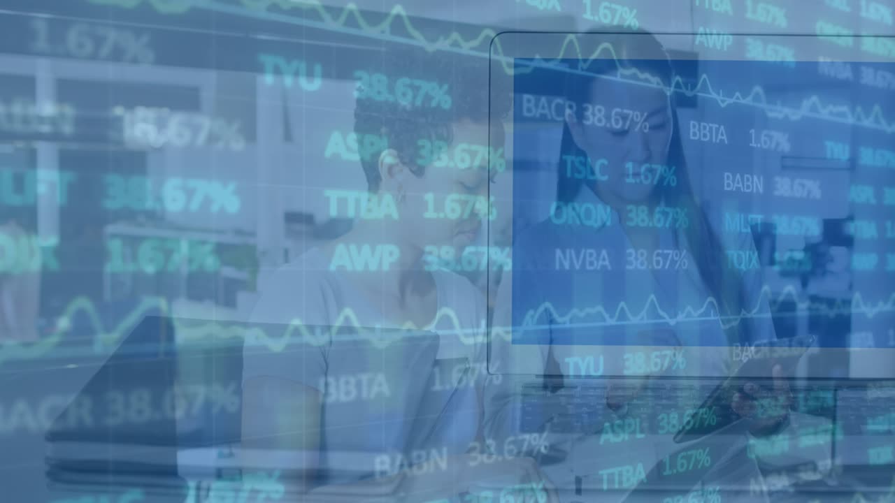 Animation of stock market data processing against two diverse women discussing at office
