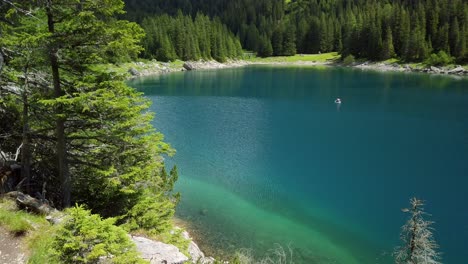 beach with trees and blue colored water of the obernberger lake in tyrol, austria