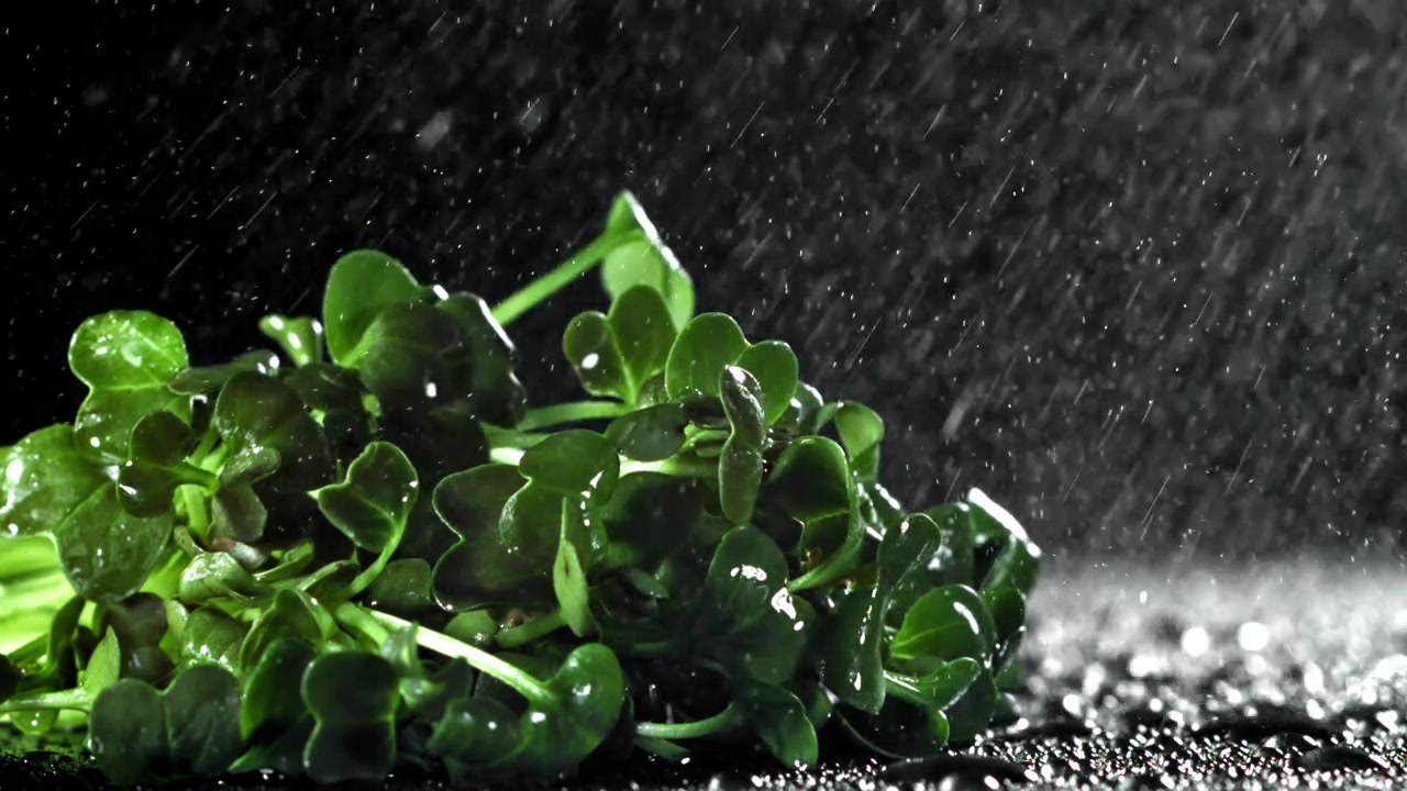 Micro-ortaggi verdi freschi con gocce d'acqua che cadono