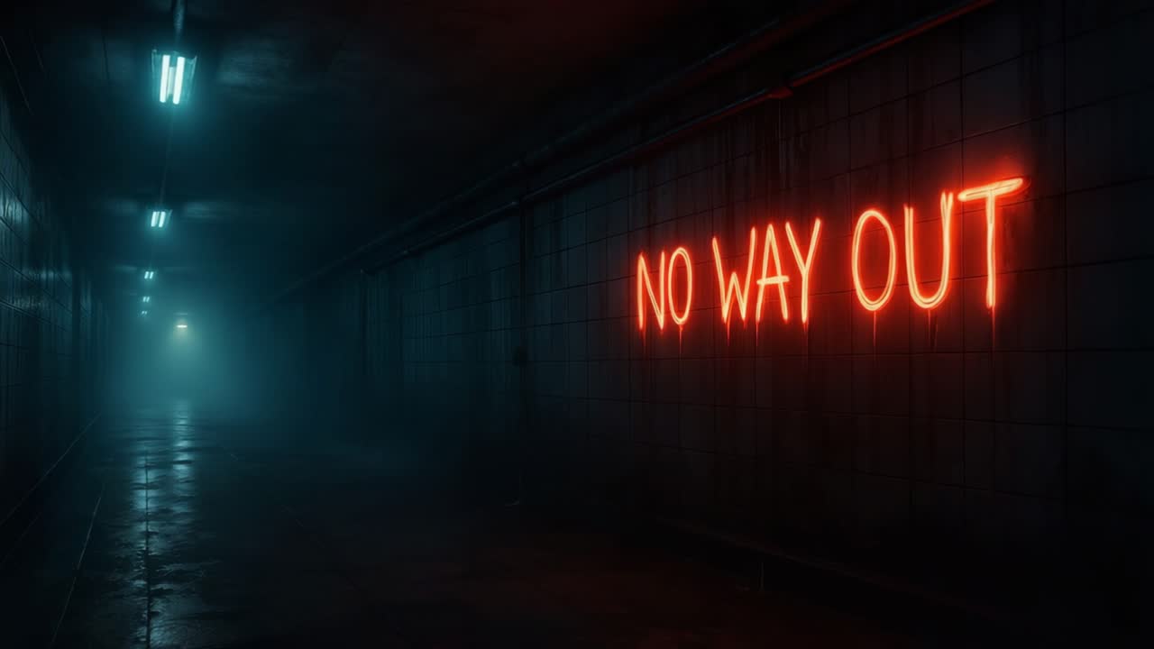 Neon sign illuminating dark corridor with fog and reflections creating an eerie atmosphere