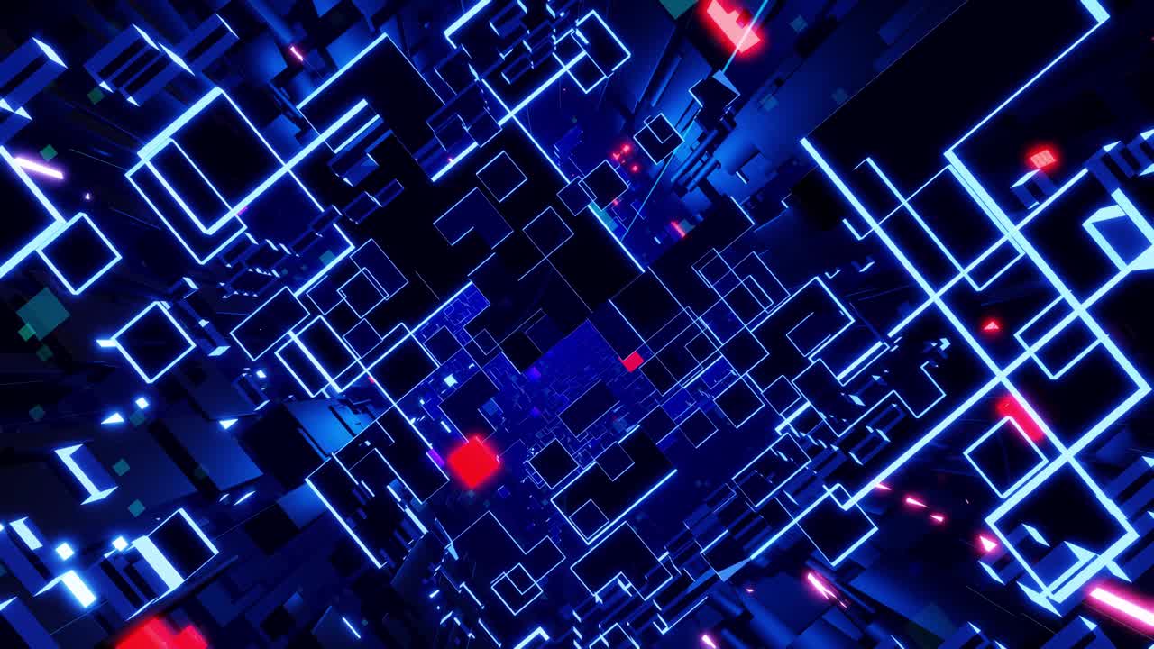concepto de tecnología futurista. fondo en bucle de ciencia ficción oscura. vuelo a través del espacio digital de alta tecnología o en un túnel de vidrio metálico con luz de neón, bloques. flujo de información de alta tecnología en blockchain o bigdata.