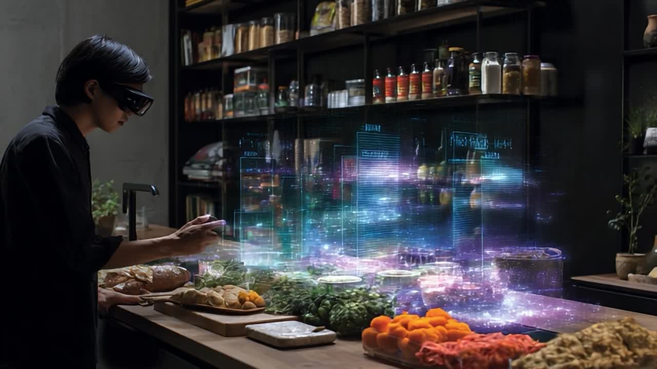 Futuristic cooking experience with augmented reality in a modern kitchen