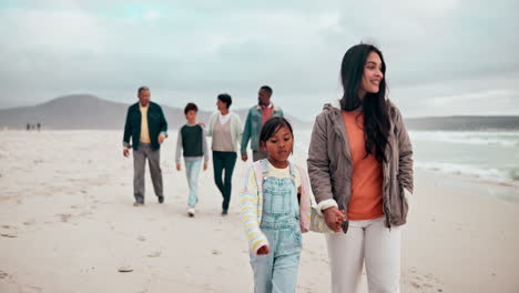mother, child and holding hands on beach big