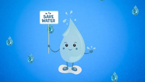 Animation-of-water-droplet-holding-save-water-placard,-and-falling-drops-on-blue-background