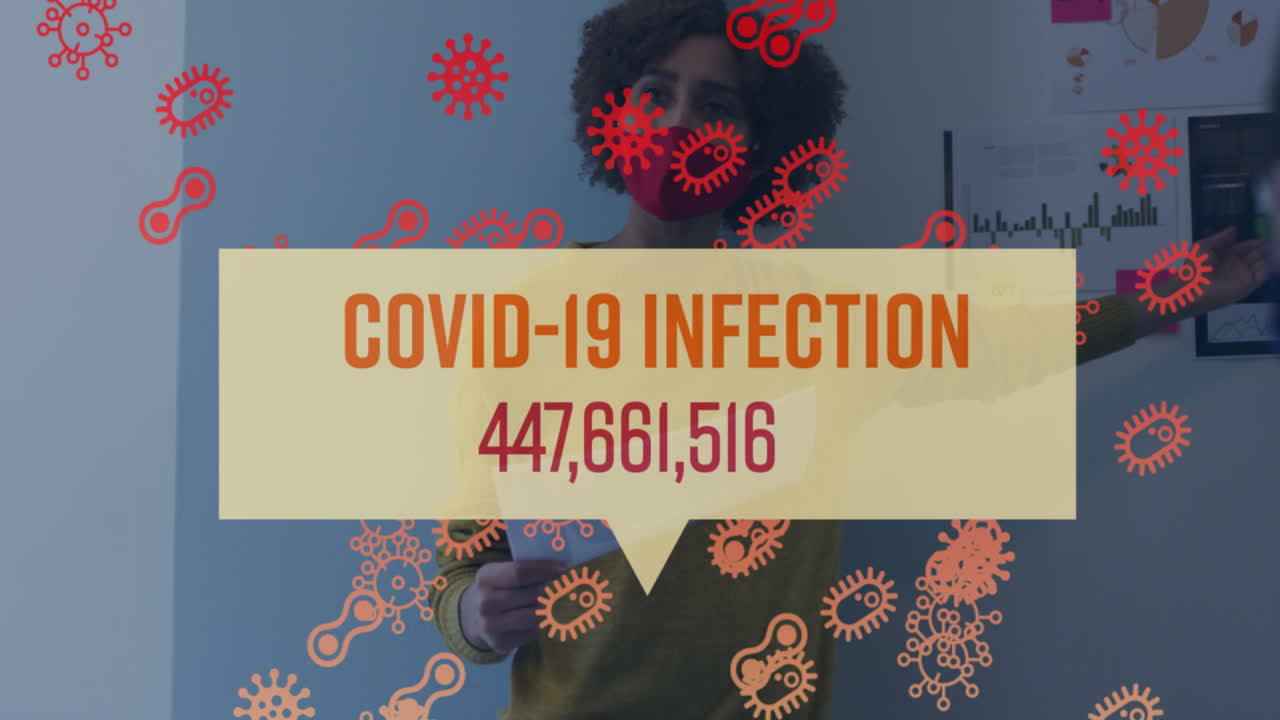 animación de texto de covid 19 y células sobre mujer en la oficina dando presentación usando máscara facial