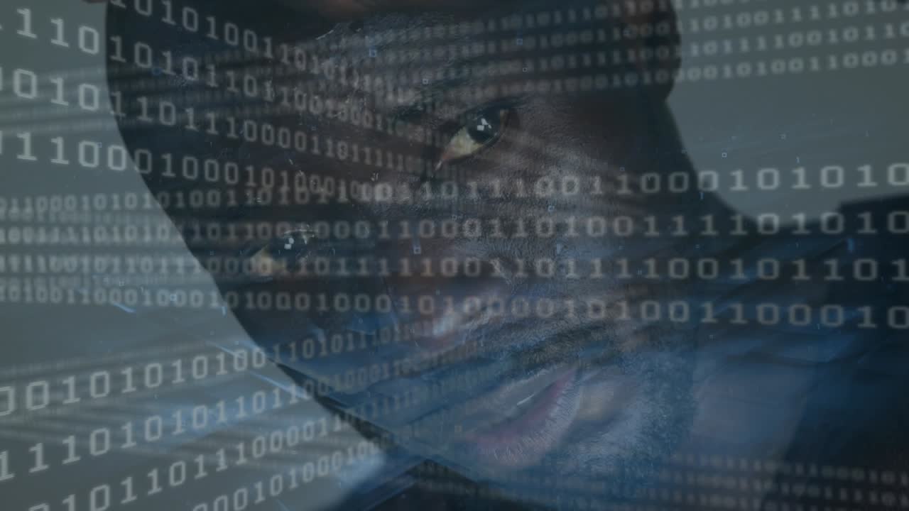 Animation of binary coding over african american man