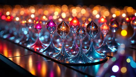 colorful glass sculptures illuminated at night in an art installation