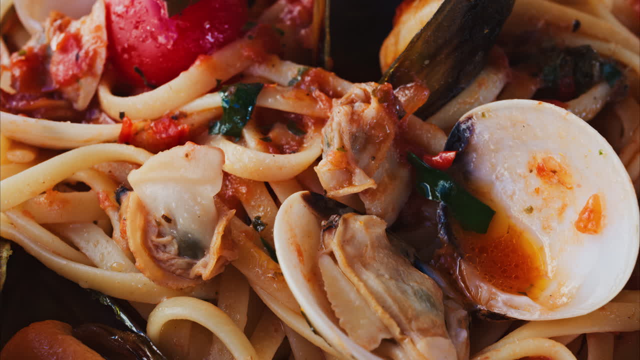 Close up of pasta with seafood and tomato sauce on a plate at a restaurant