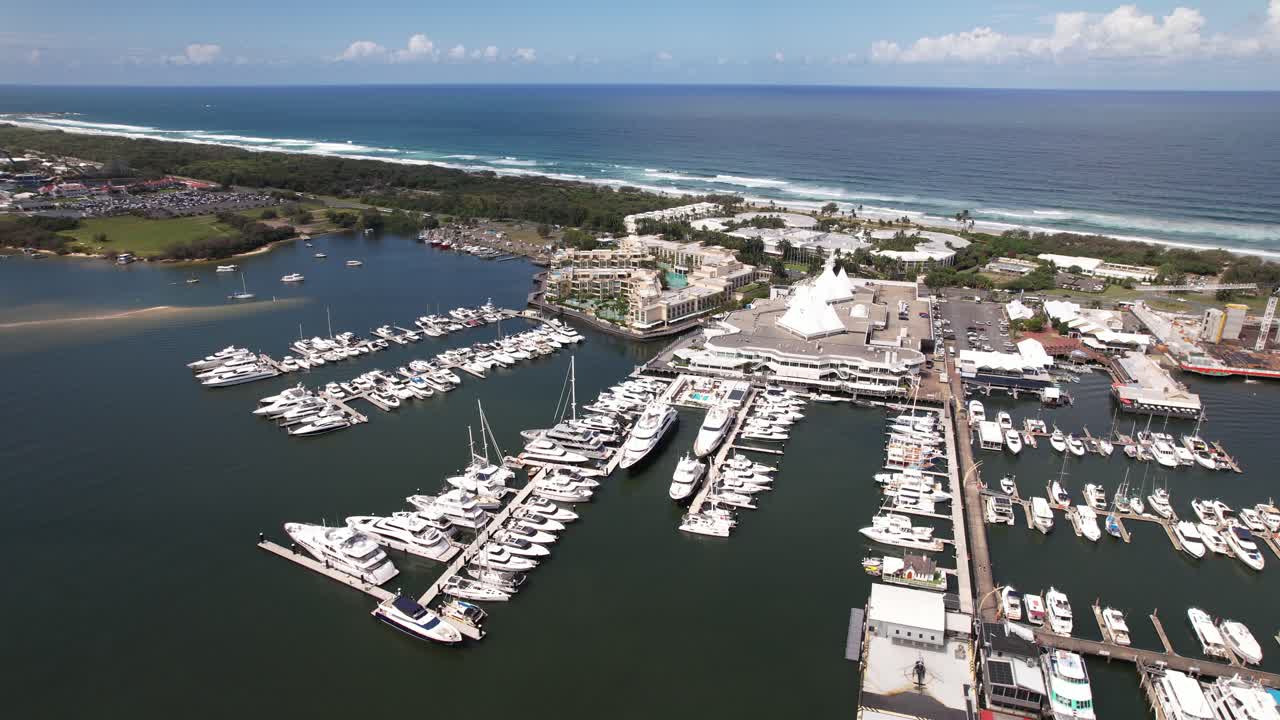 Moored Yachts And Boats In Southport Yacht Club, Main Beach, QLD, Australia - Drone Shot