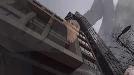 animation of businessman handshake and cityscape