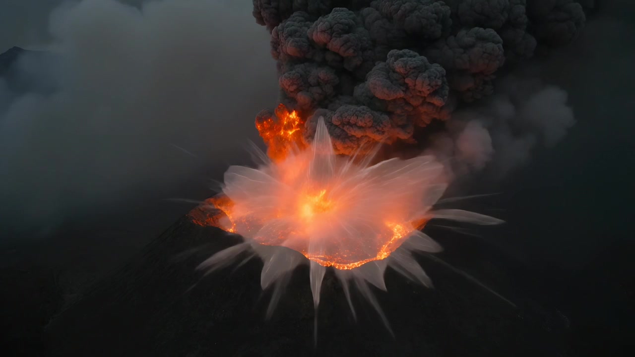 Udbrud af vulkanåbning udsender lavafragmenter, udvider dampgardiner, udsender askesky og frigiver gas.
