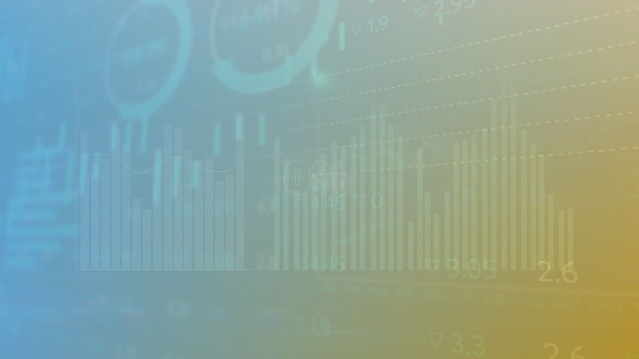Animation of circles over multiple graphs and trading board against gradient background