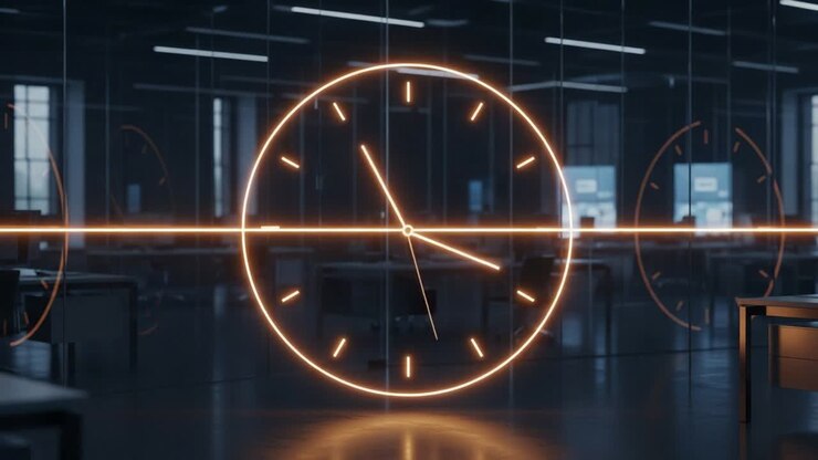 A Sleek, Modern Office Environment Featuring a Stunning Clock with Illuminated Hands, Indicating the Time in a Minimalist Workspace Setting