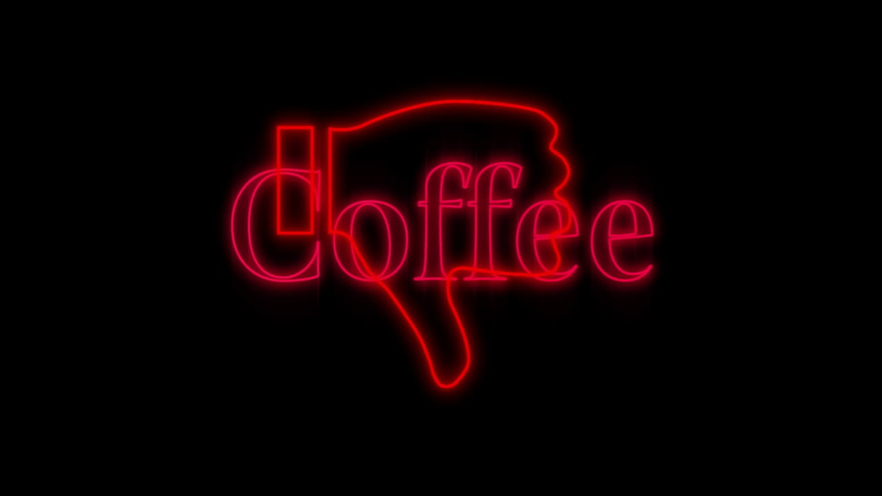 Animation of neon red Coffee text and thumbs-down symbol on black background