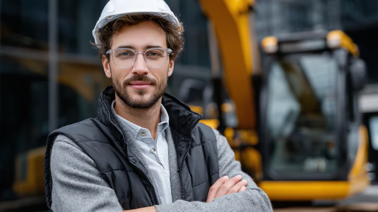 Confident Construction Worker in Safety Gear Overseeing Machinery Operations with a Focused Attitude and Determined Expression, Ensuring Project Excellence and Safety