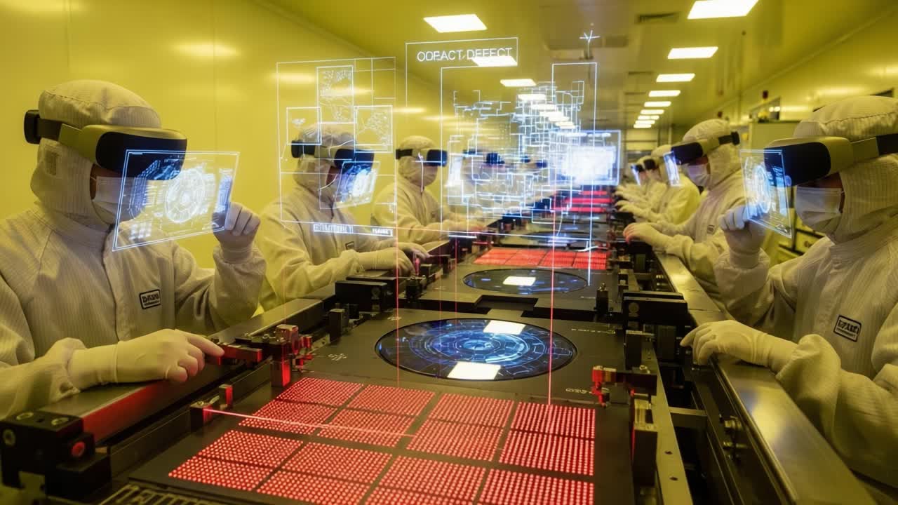 Advanced Manufacturing Technology: Technicians in Protective Gear Engage with Interactive Displays Amidst High-Tech Equipment in a Controlled Environment