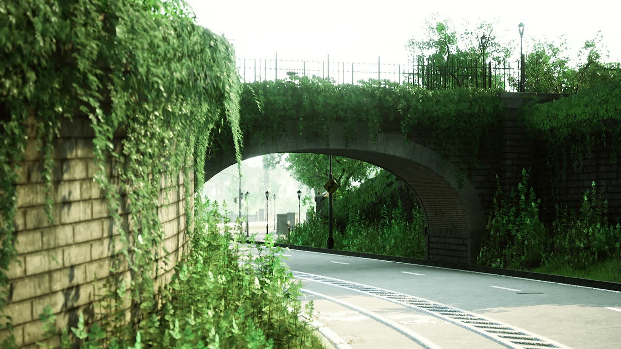 Overgrown bridge with winding road surrounded by lush greenery in daylight