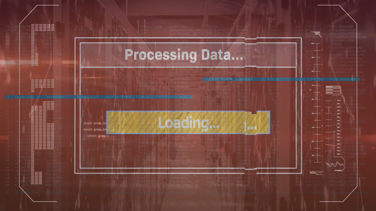 Animation of texts, loading bars and computer language over connected dots on server racks
